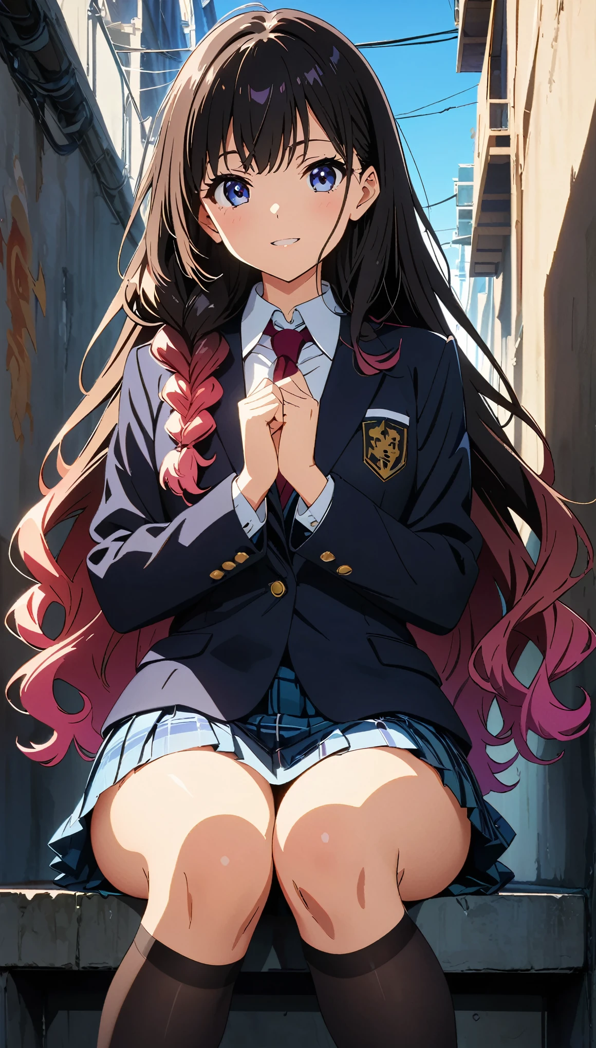 (Highest quality:1.2, Anime artwork, Anime Style, Studio Anime, Very detailed, up to date, Vibrant, Anime Coloring, High Contrast, masterpiece:1.2, Highest quality, Best aesthetics), Blue plaid pleated skirt:1.5, Red tie:1.5, Black blazer, (Private School Uniforms), Beautiful thighs, Black Stockings, Gradient Hair, Long hair braided low, Perfect body line, Skin with attention to detail, cute, Detailed face, Sitting, Open your hands, alley, stage, Accurate Fingers, evening, Illuminated by the setting sun, Soft lighting,  (Perfect hands, Perfect Anatomy),