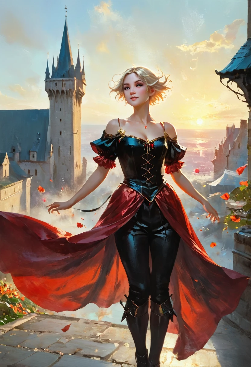 1 magician girl, expressive black eyes, elf ear, blonde short hair, dressed with a red drape, using his magic ,dancing pose ,black flowers petals fall from the sky in big medieval city in sunset in background in background, detail richness, masterpiece, best quality