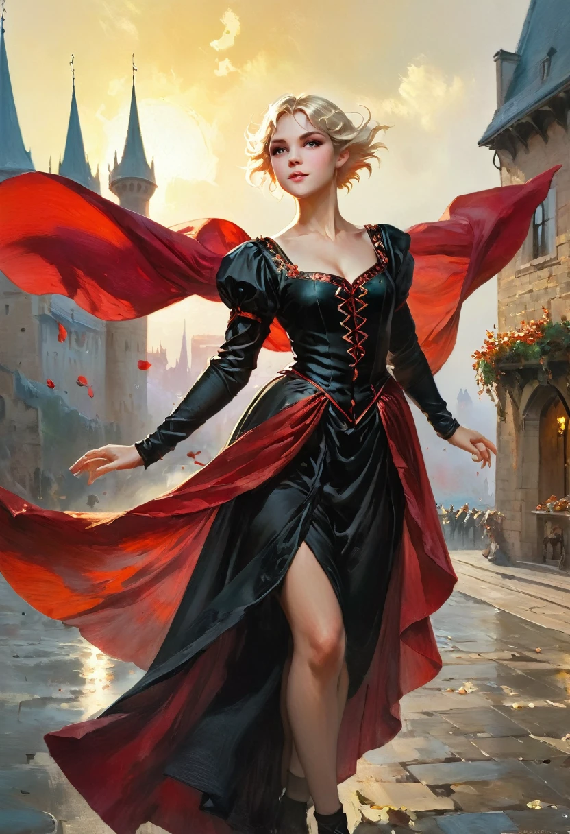 1 magician girl, expressive black eyes, elf ear, blonde short hair, dressed with a red drape, using his magic ,dancing pose ,black flowers petals fall from the sky in big medieval city in sunset in background in background, detail richness, masterpiece, best quality