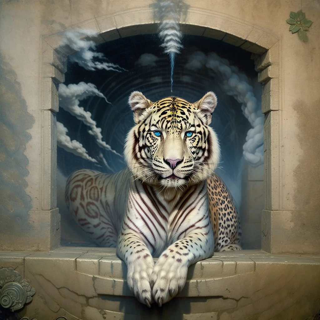  1 girl, with leopard qualities, feline green eyes, pink lips, dark military tactical clothing, black hair with beige highlights, tattoos, leopard tail, leopard ears, spots like those of a leopard. Sarcastic, rebel, he likes to apologize, smoke, Weapons, he would be 