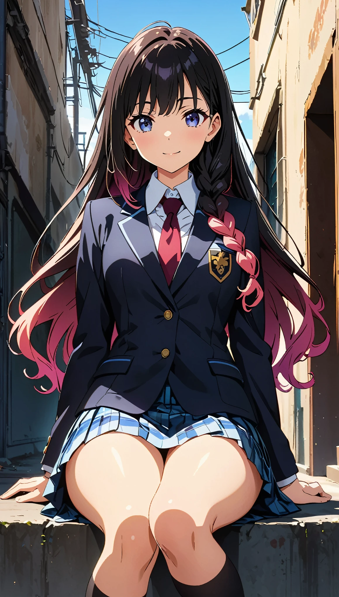 (Highest quality:1.2, Anime artwork, Anime Style, Studio Anime, Very detailed, up to date, Vibrant, Anime Coloring, High Contrast, masterpiece:1.2, Highest quality, Best aesthetics), Blue plaid pleated skirt:1.5, Red tie:1.5, Black blazer, (Private School Uniforms), Beautiful thighs, Black Stockings, Gradient Hair, Long hair braided low, Perfect body line, Skin with attention to detail, cute, Detailed face, Sitting, Open your hands, alley, stage, Accurate Fingers, evening, Illuminated by the setting sun, Soft lighting,  (Perfect hands, Perfect Anatomy),