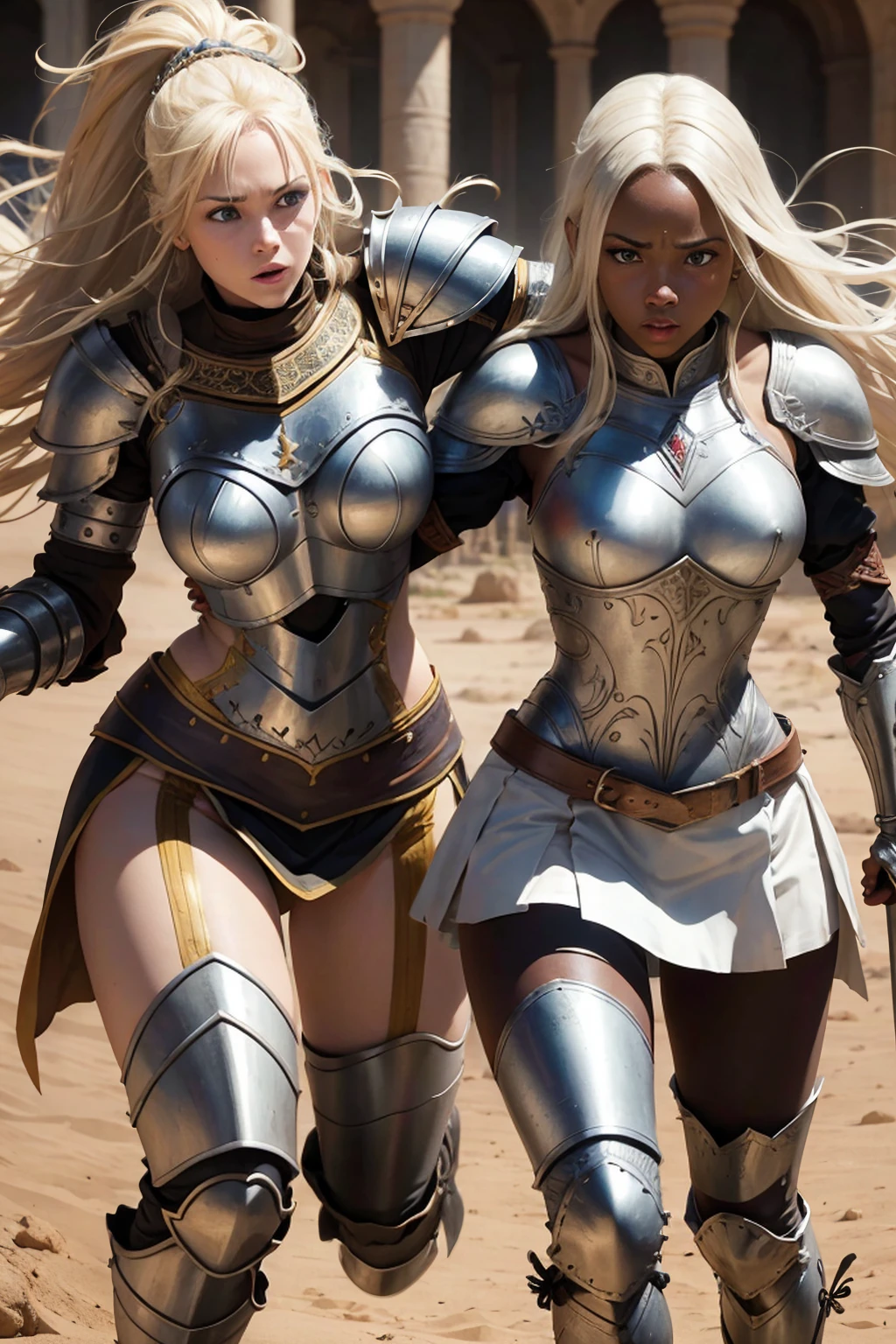 White Womans blond in armor in african fight sword vs african Womans 