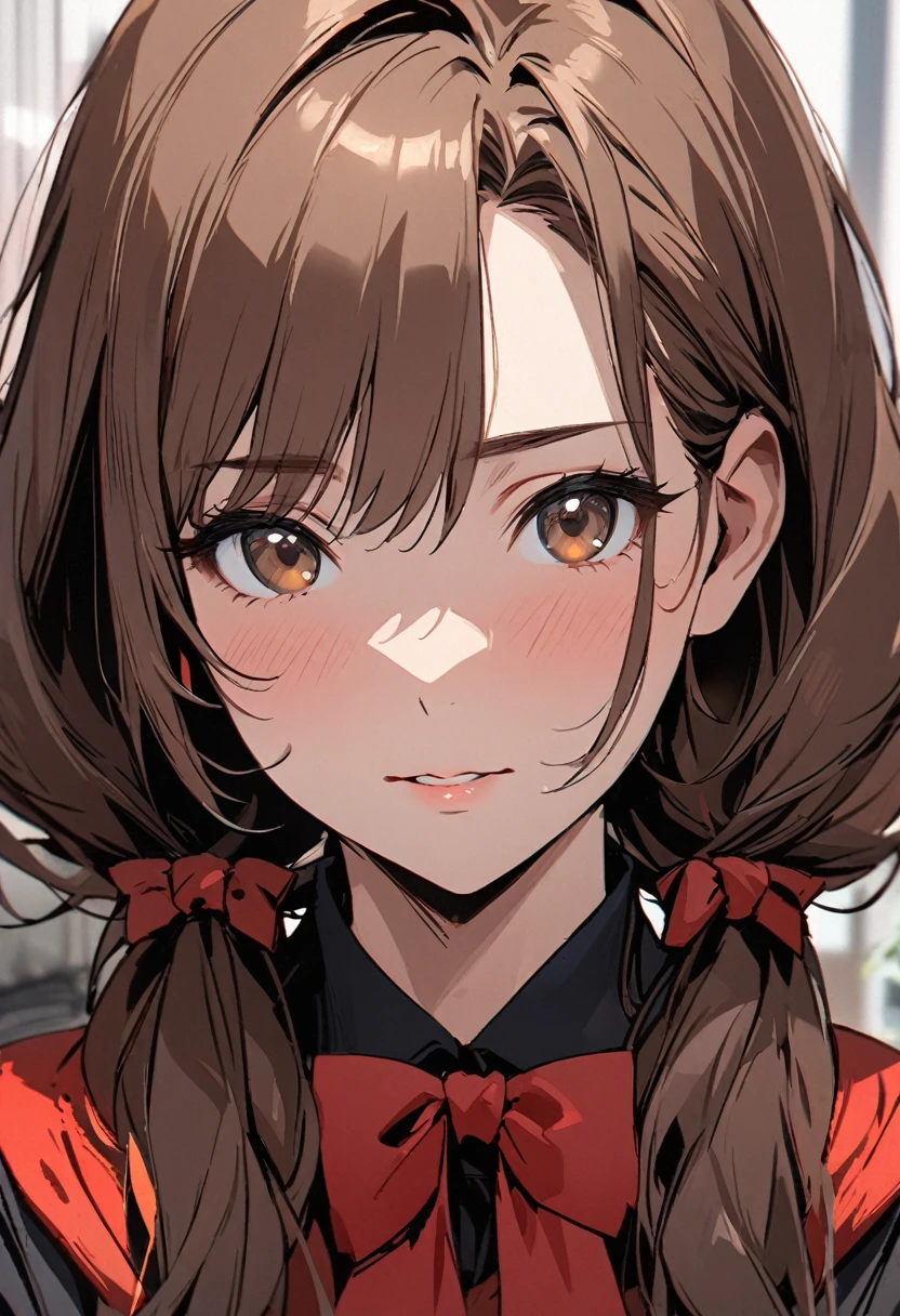 Solo, 1girl, Long Hair, brown hair, brown eyes, mature, high detail, low twin tails, red bow, high detail, beautiful eyes, beautiful color, front face, macro picture
