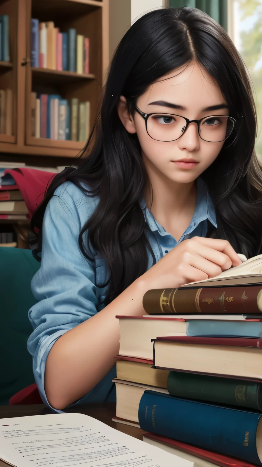 ((best quality)), ((masterpiece)), (detailed), A digital illustration of a  girl studying with books and notes scattered around her in a messy but determined manner. She has long black hair and is wearing glasses.