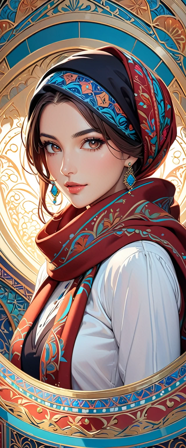 (masterpiece:1.2,Highest quality,Ultra-high resolution,Super detailed),(Best illustrations),8k,wallpaper,(Written boundary depth),(Sophisticated lighting:1.2),BREAK(1 female),(turkish woman:1.6),(Wearing a scarf on her head:1.6),(front:1.6),(The background is a colorful and beautiful arabesque pattern.)