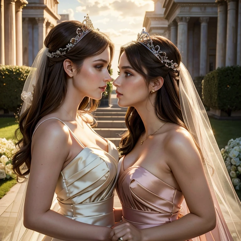 (​masterpiece, best quality:1.5), highest quality, High resolution, super detailed, Realists, Upper body photo of the brunette bridesmaids, detailed and beautiful eyes, beautiful detailed lips, very detailed eyes and face, longeyelashes, Woman in bridesmaid dress made of shiny satin fabric, Beautiful and colorful makeup, elegant and noble々Pose,shiny crown and jewels, Gardens as background, soft daylight, bright colors, fine brushstrokes, Portrait style, Noble details in the dress fabric, beautiful color palette, glowing skin, First-class rendering, that captures every detail, enchanting atmosphere, subtle shadows and lights, (perfect anatomy:1.2), (The two stunning bridesmaids are deeply in love:1.4), (kiss:1.2), (magnificent panorama view:1.2)