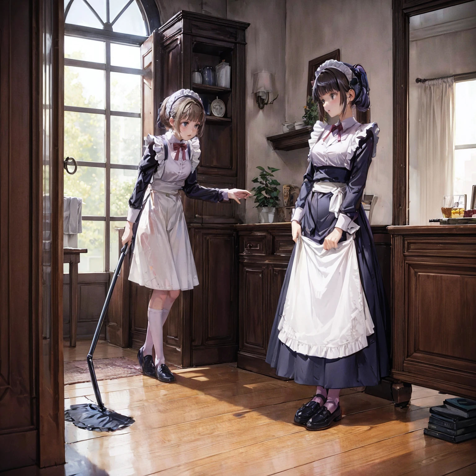 A woman is standing on the floor wearing a maid's uniform, alone, panties, underwear, skirt, (shiny dark pink satin panties:1.3)、panties that cover the butt、garter belt, Lie in, Knee socks, skirt lift, Recall, Realistic , (Show the crack of the buttocks:1.2)