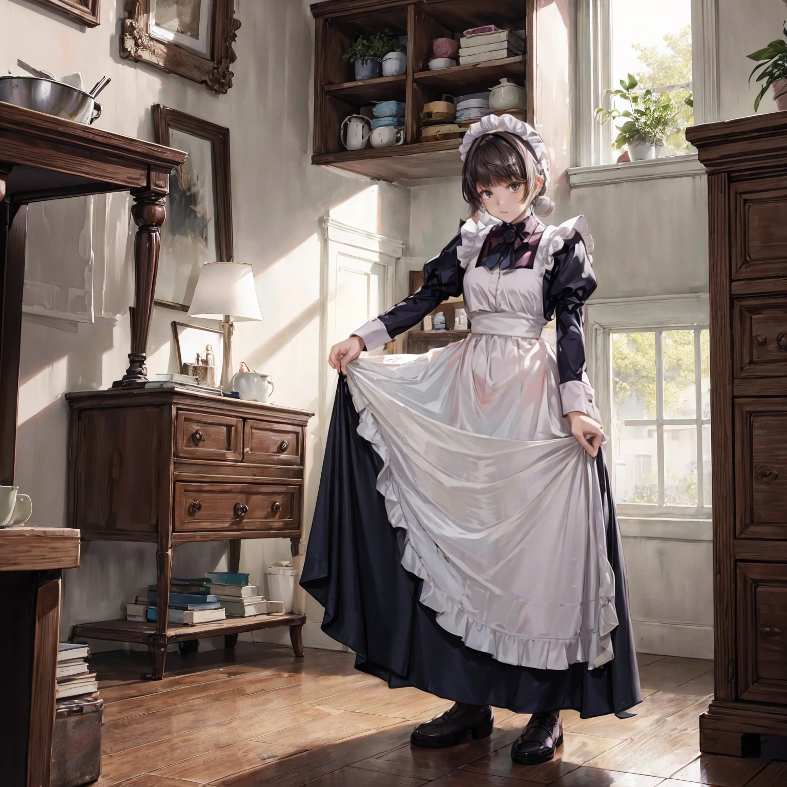 A woman is standing on the floor wearing a maid's uniform, alone, panties, underwear, skirt, (shiny dark pink satin panties:1.3)、panties that cover the butt、garter belt, Lie in, Knee socks, skirt lift, Recall, Realistic , (Show the crack of the buttocks:1.2)