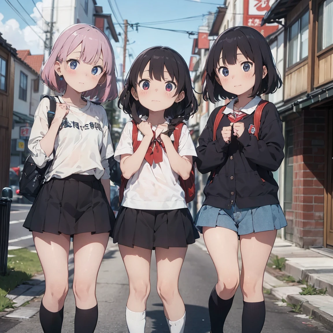 Three very young girls, about eight years old, on a street in Japan, one of the old streets, behind them is a school. They are wearing Japanese school uniforms. Their thighs are all visible, and their socks reach below the knee. Their uniforms are wearing backpacks.. The first girl is excited. Her hair is fluffy pink and reaches below the neck. She is excited and cheerful while she is standing and her eyes are black.. The second girl has blond hair that reaches below the neck and her eyes are blue. She is very beautiful and very, very innocent and a little afraid. She looks anxiously and pretends to be a normal person. She is shy and looks shy. She puts her hands on her thigh and is shy and in the middle.. The third girl, her hair white, reaches below her neck, she wears red jewelry on it, her eyes are blue, she stands next to them, looking with a mixture of shyness and courage, she is half shy and half happy, she stands looking with amazement, shyness and courage. They all look in amazement. The three girls have a side view. One of them seems to be stumbling. They are three ***********s. They are all the same height. They are very, very, very short. They are young and innocent children. They are eight years old. Very, very, very short children. Children. Three girls. One has pink hair, the other is white, and the other is blond. 