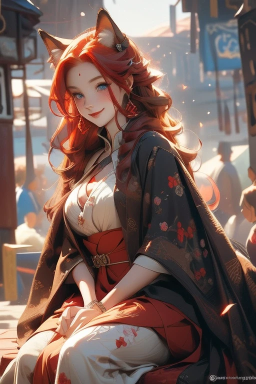 Perfect face. Perfect hands. A red haired woman with one blue eye and one red eye with an hourglass figure and red fox ears and seven fluffy fox tails is sitting on a bench while smiling at the festival