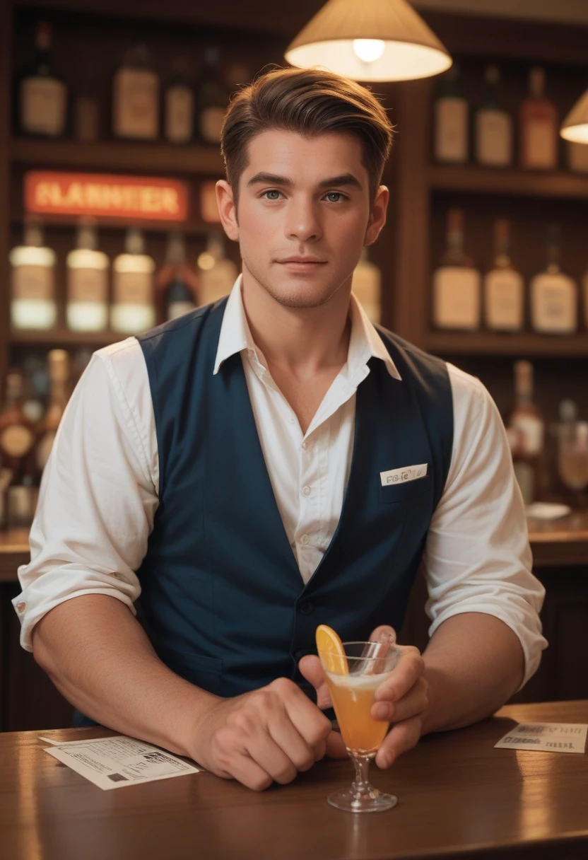 A man asking the bartender for a drink, signaling with the hand. 