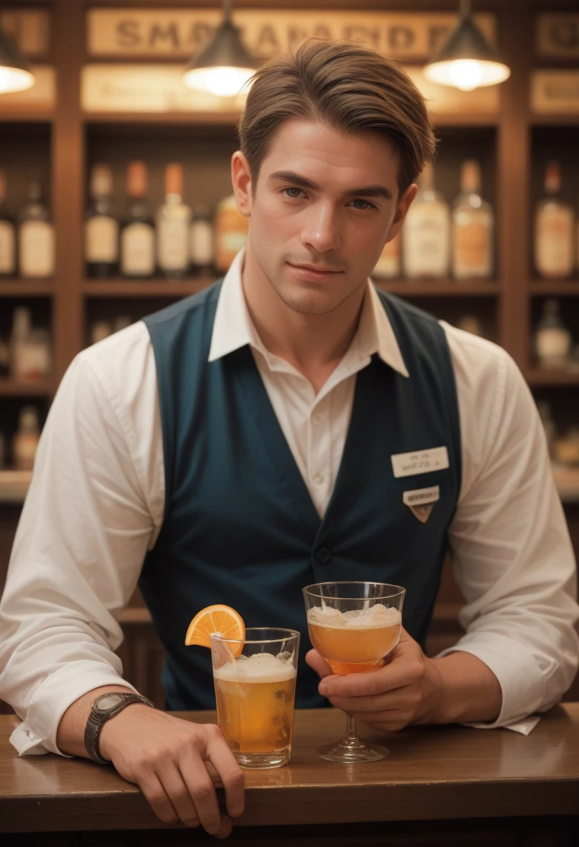 A man asking the bartender for a drink, signaling with the hand. 