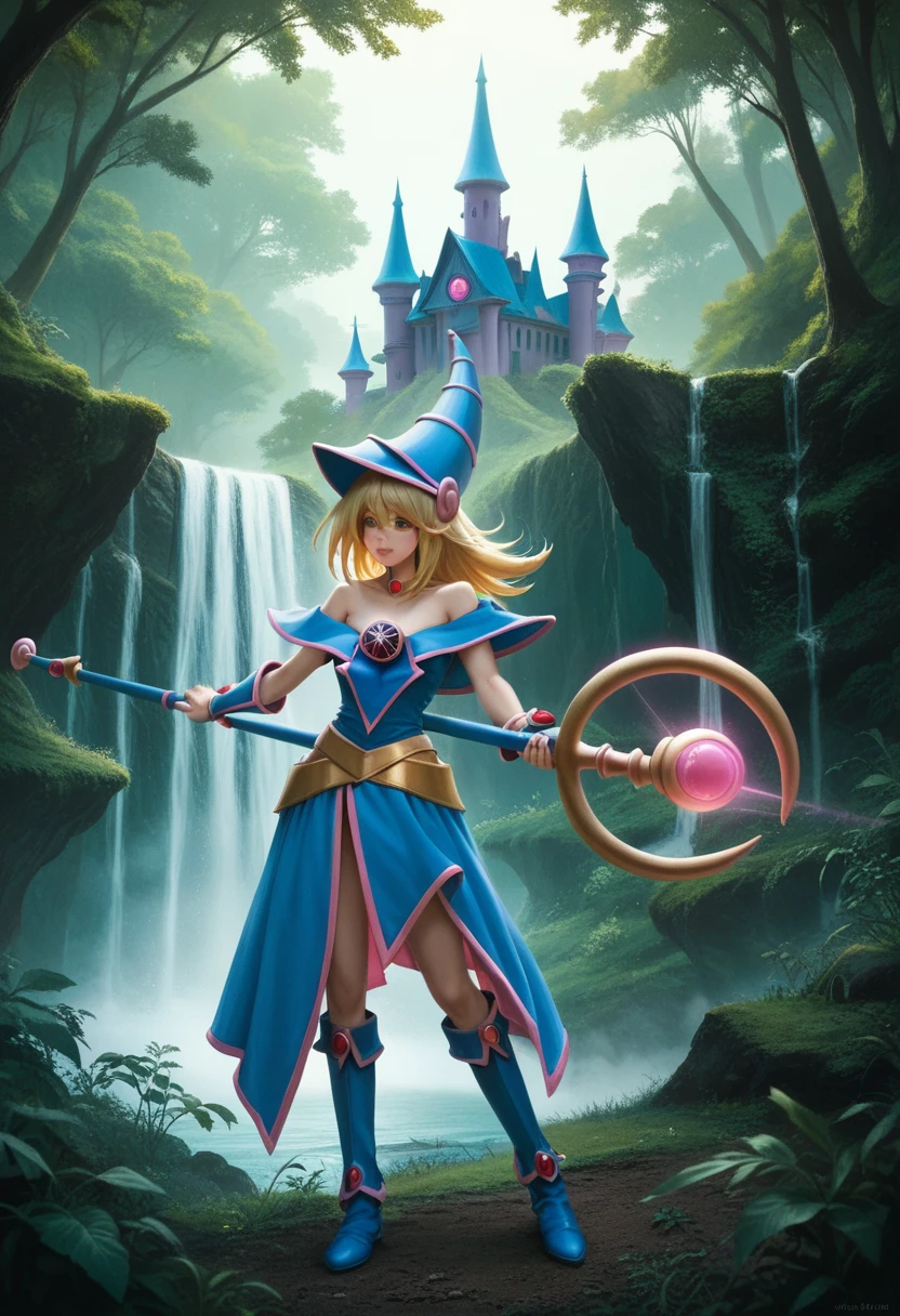 Anime-style female character, resembling Dark Magician Girl from Yu-Gi-Oh!, wearing a blue and pink magician outfit, holding a magical staff, standing in a mystical forest, fantasy setting, lush green foliage, magical ambiance, glowing lights, ethereal atmosphere, detailed background, vivid colors, dynamic pose, a waterfall in the background, a hill with a castle in the distance