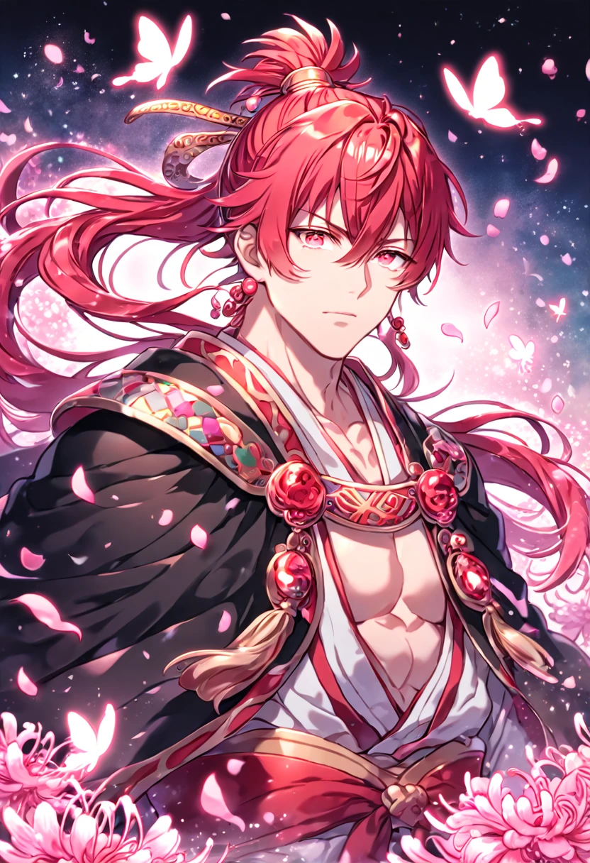 absurd resolution, high resolution, ultra detailed, detailed eyes, extremely detailed, HDR, 8K, Ren Kouen, red hair, hair tied into a topknot, hair between the eyes, red goatee, expressive red eyes, Magi The Labyrinth of Magic, solo, sexy man, handsome, manly man, adult, traditional clothes that are mainly red, white and black in colour along with a black flowing cape, fantasy, cool, magical, pink glittering butterflies, pink dust flying around, pink spider lilies, pink petals, pink lanterns, Japanese ambiance, cherry blossoms