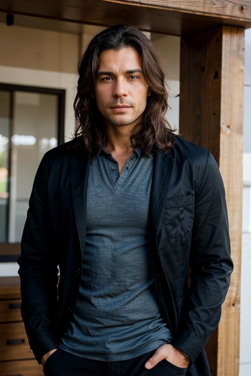 Handsome Man 38 years old, lean muscular body, tan skin olive, his eyes are blue, 1.90m, his hair is dark brown with natural waves that flow down his shoulders, a little stubble unshaved, wearing a black jacket, blue shirt, black pants