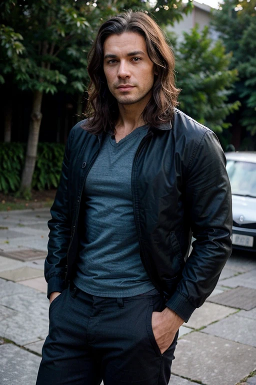 Handsome Man 38 years old, lean muscular body, tan skin olive, his eyes are blue, 1.90m, his hair is dark brown with natural waves that flow down his shoulders, a little stubble unshaved, wearing a black jacket, blue shirt, black pants