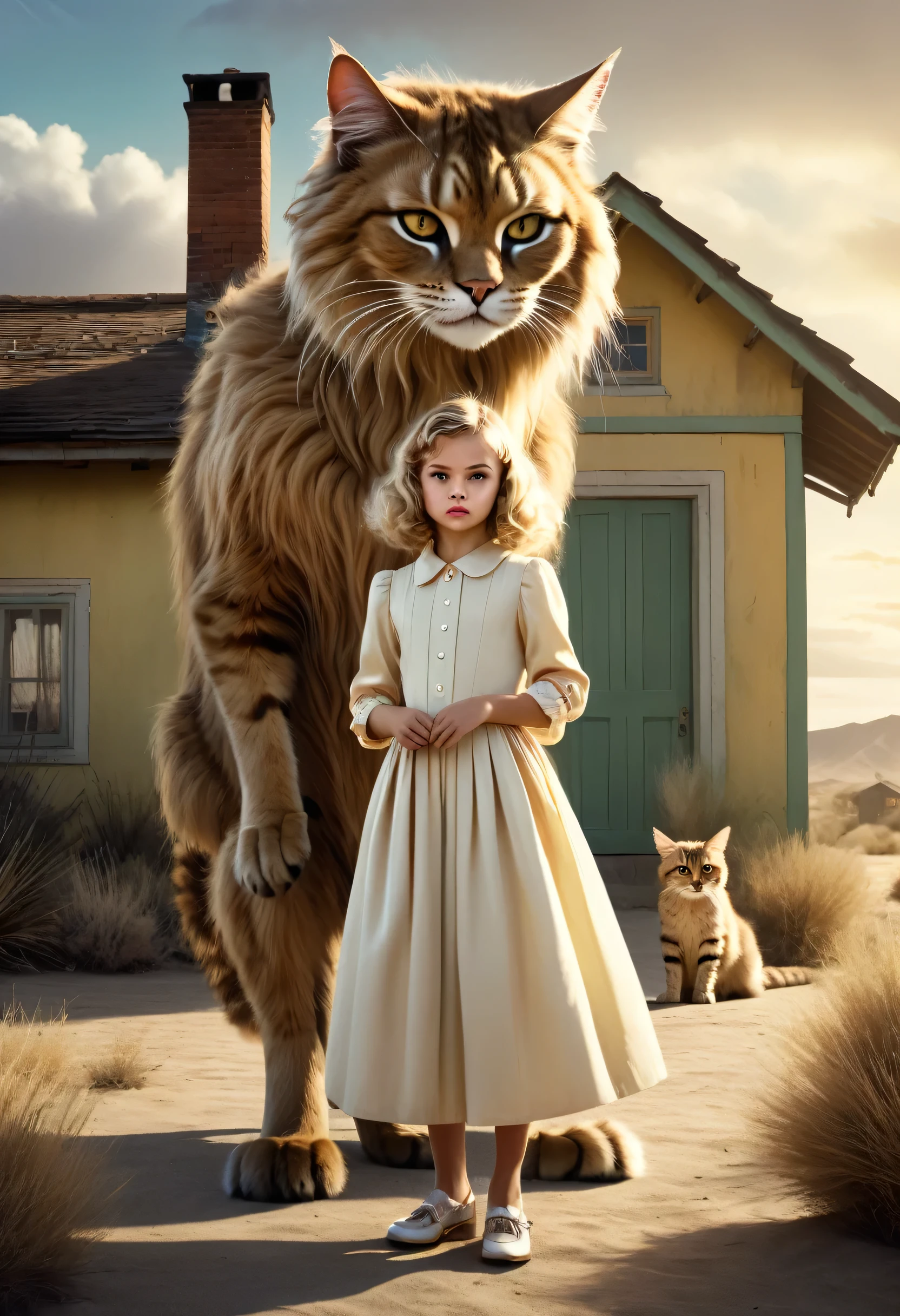 A surreal and intriguing scene featuring a large anthropomorphic feline standing on its hind legs on the left. The feline has a fantastic appearance with brown fur and a stern, almost human-like expression. Its imposing proportions and long whiskers and fur add to its mysterious allure. On the right, a young girl with curly blonde hair is dressed in vintage or retro attire, wearing a long dress and a long-sleeved blouse. She has a calm yet slightly puzzled expression, as if observing something unusual. The ambient light is soft and yellow, creating a nostalgic, dreamlike atmosphere. In the background, a simple house with a sloping roof is set in a rural or desert-like environment. The overall setting feels like an alternate or fantastical universe where unusual creatures and nostalgic elements coexist