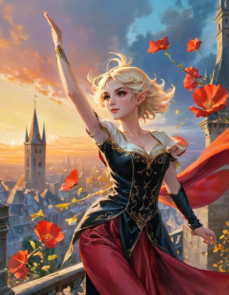 1 magician girl, expressive black eyes, elf ear, blonde short hair, dressed with a red drape, using his magic ,dancing pose ,black flowers petals fall from the sky in big medieval city in sunset in background in background, detail richness, masterpiece, best quality