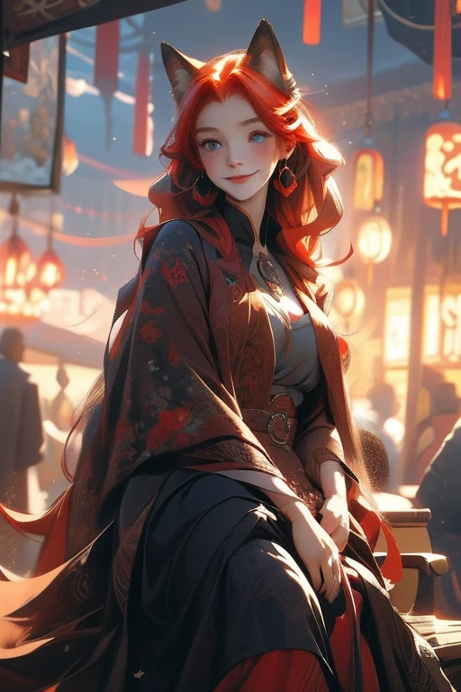 Perfect face. Perfect hands. A red haired woman with one blue eye and one red eye with an hourglass figure and red fox ears and seven fluffy fox tails is sitting on a bench while smiling at the festival