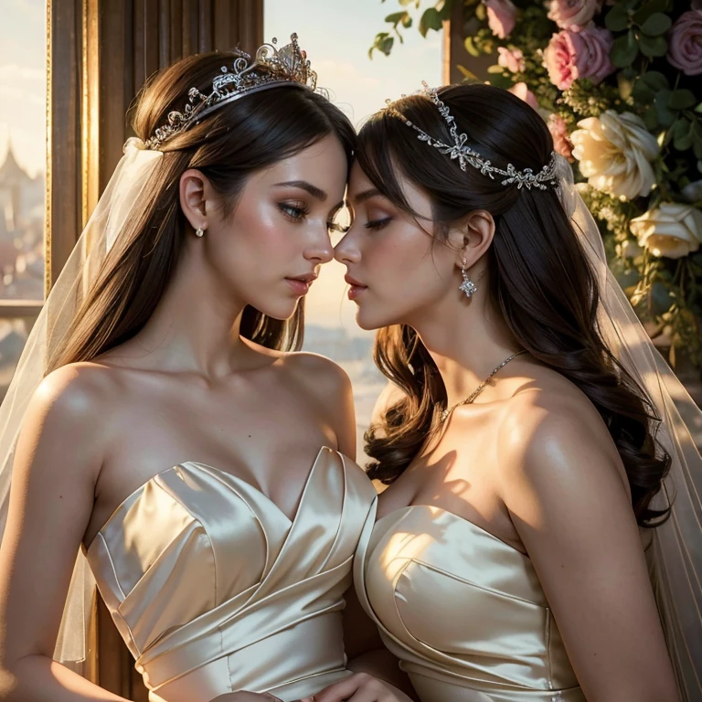 (​masterpiece, best quality:1.5), highest quality, High resolution, super detailed, Realists, Upper body photo of the brunette bridesmaids, detailed and beautiful eyes, beautiful detailed lips, very detailed eyes and face, longeyelashes, Woman in bridesmaid dress made of shiny satin fabric, Beautiful and colorful makeup, elegant and noble々Pose,shiny crown and jewels, Gardens as background, soft daylight, bright colors, fine brushstrokes, Portrait style, Noble details in the dress fabric, beautiful color palette, glowing skin, First-class rendering, that captures every detail, enchanting atmosphere, subtle shadows and lights, (perfect anatomy:1.2), (The two stunning bridesmaids are deeply in love:1.4), (kiss:1.2), (magnificent panorama view:1.2)