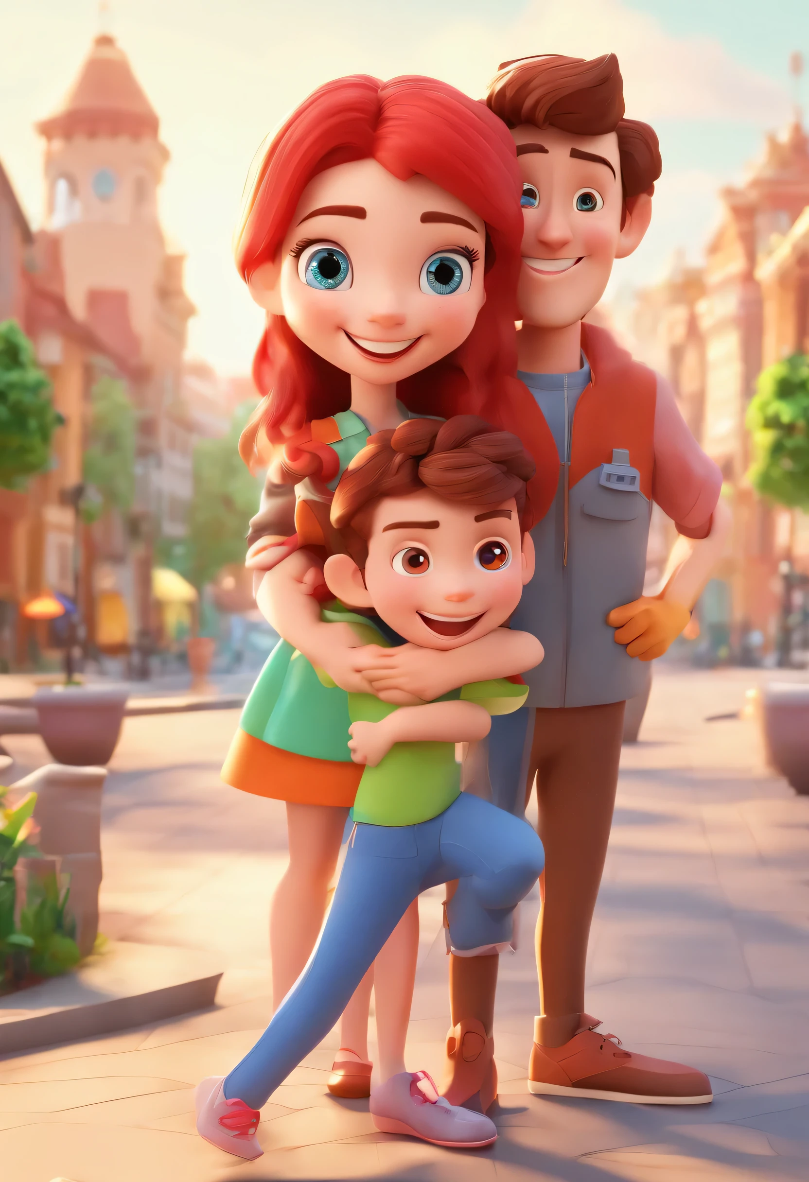 An illustration of an adorable couple, A dark-skinned man and a girl with red hair and slanted eyes, The two are smiling and facing the camera, Show your connection. Develop this art in Full HD, Focus on your cinematic flair, Estilo Disney Pixar Animations