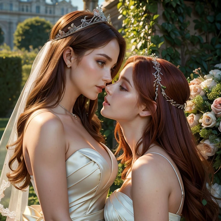 (masterpiece, best quality:1.5), highest quality, High resolution, super detailed, Realists, Upper body photo of the red-haired bridesmaids, detailed and beautiful eyes, beautiful detailed lips, very detailed eyes and face, longeyelashes, Woman in bridesmaid dress made of shiny satin fabric, Beautiful and colorful makeup, elegant and noble々Pose,shiny crown and jewels, Gardens as background, soft daylight, bright colors, fine brushstrokes, Portrait style, Noble details in the dress fabric, beautiful color palette, glowing skin, First-class rendering, that captures every detail, enchanting atmosphere, subtle shadows and lights, (perfect anatomy:1.2), (The two stunning bridesmaids are deeply in love:1.4), (kiss:1.2), (magnificent panorama view:1.2)