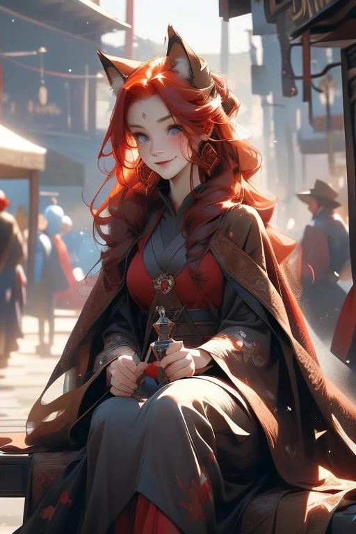 Perfect face. Perfect hands. A red haired woman with one blue eye and one red eye with an hourglass figure and red fox ears and seven fluffy fox tails is sitting on a bench while smiling at the festival
