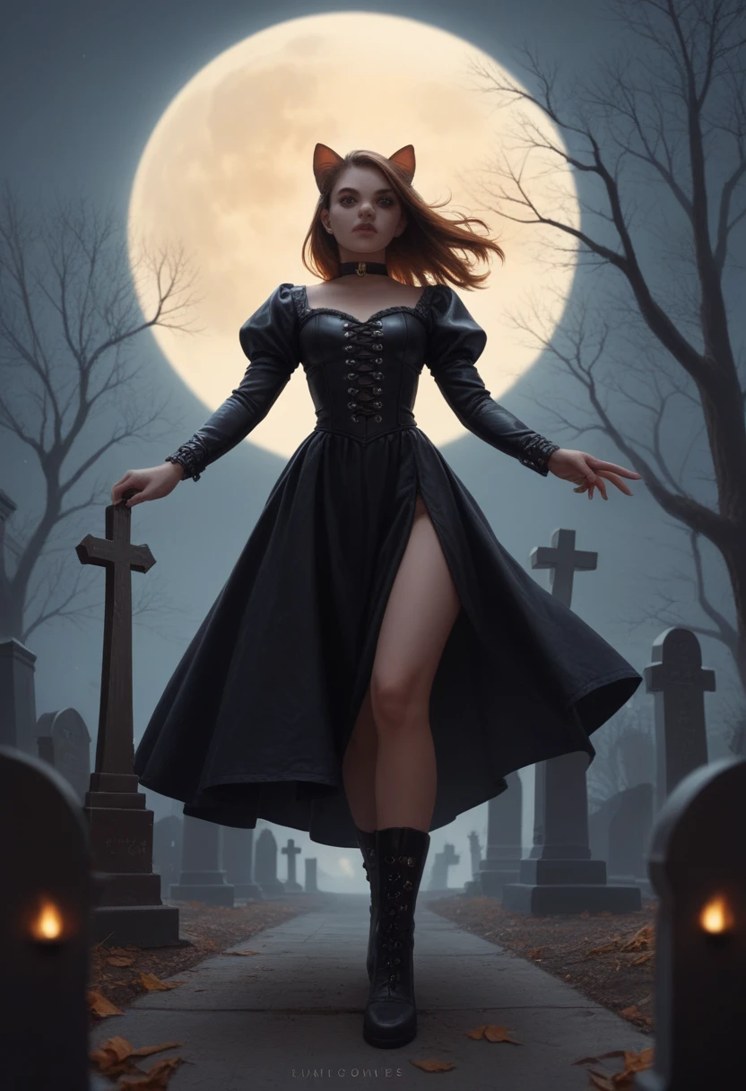 A woman with cat ears and hair in orange and black tones, dressed in a leather outfit with gold and purple details. She holds a fluffy fur cat while standing in a gothic cemetery illuminated by the full moon. The atmosphere is dark and mysterious, with graves and bare trees around them, and bats flying under the moonlight