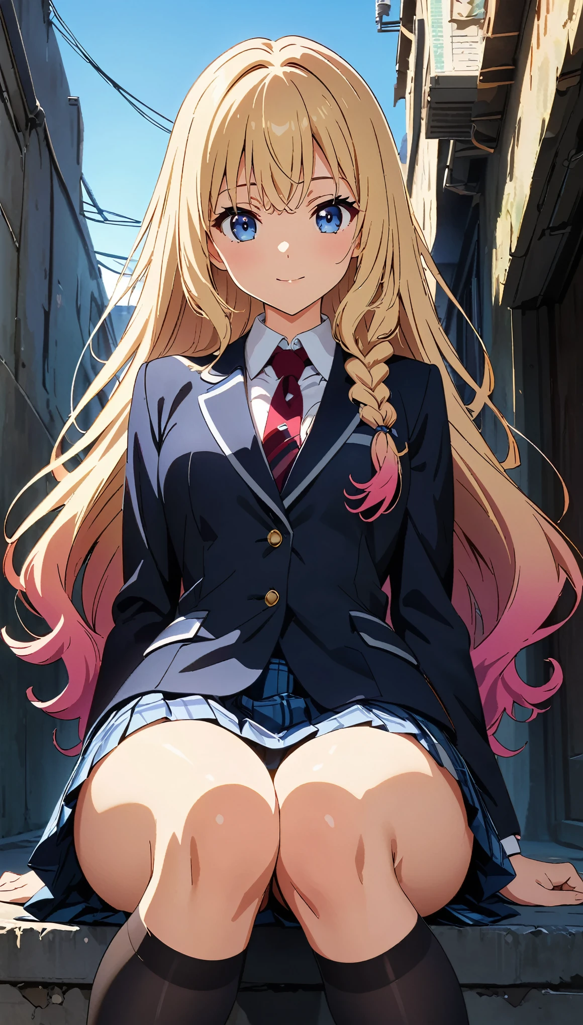 (Highest quality:1.2, Anime artwork, Anime Style, Studio Anime, Very detailed, up to date, Vibrant, Anime Coloring, High Contrast, masterpiece:1.2, Highest quality, Best aesthetics), Blue plaid pleated skirt:1.5, Red tie:1.5, Black blazer, (Private School Uniforms), Beautiful thighs, Black Stockings, Gradient Hair, Long hair braided low, Perfect body line, Skin with attention to detail, cute, Detailed face, Sitting, Open your hands, alley, stage, Accurate Fingers, evening, Illuminated by the setting sun, Soft lighting,  (Perfect hands, Perfect Anatomy),