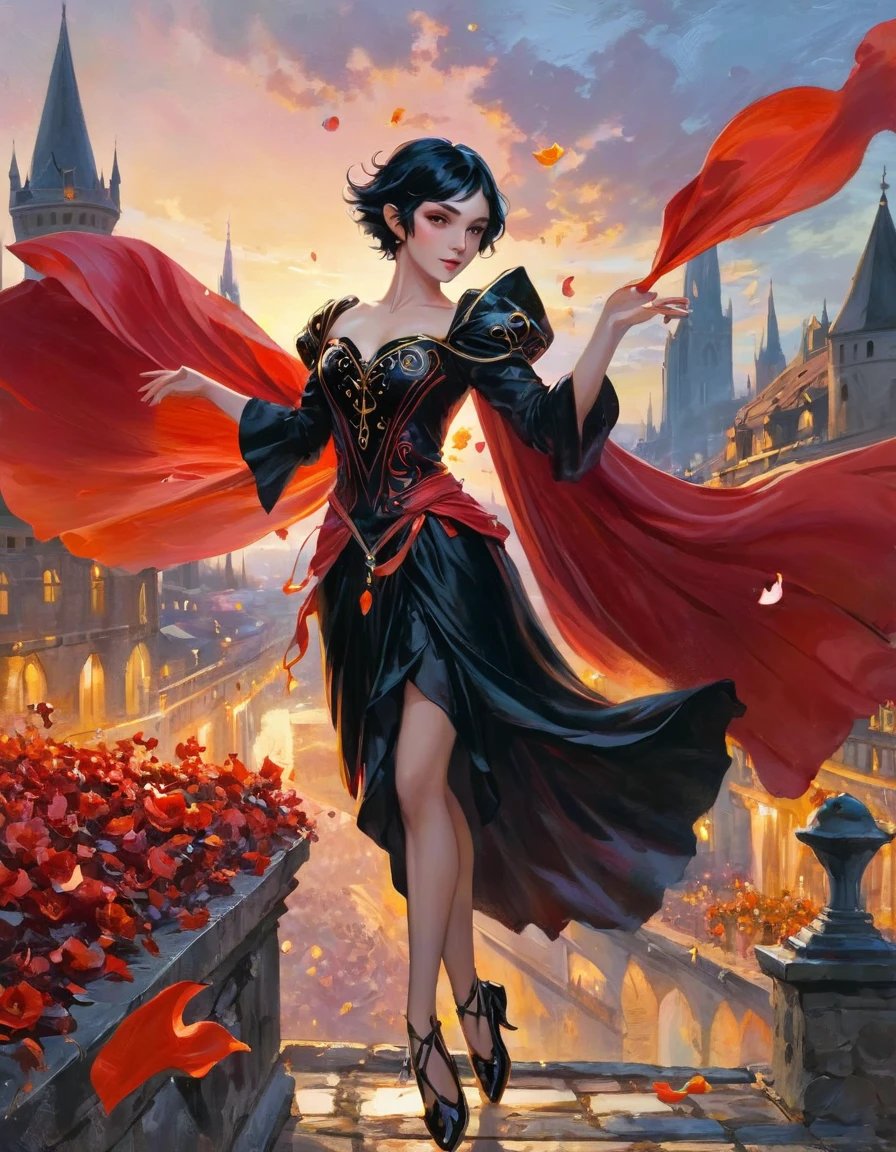 1 magician girl, expressive black eyes, elf ear, black short hair, dressed with a red drape, using his magic ,dancing pose ,black flowers petals fall from the sky in big medieval city in sunset in background, detail richness, masterpiece, best quality