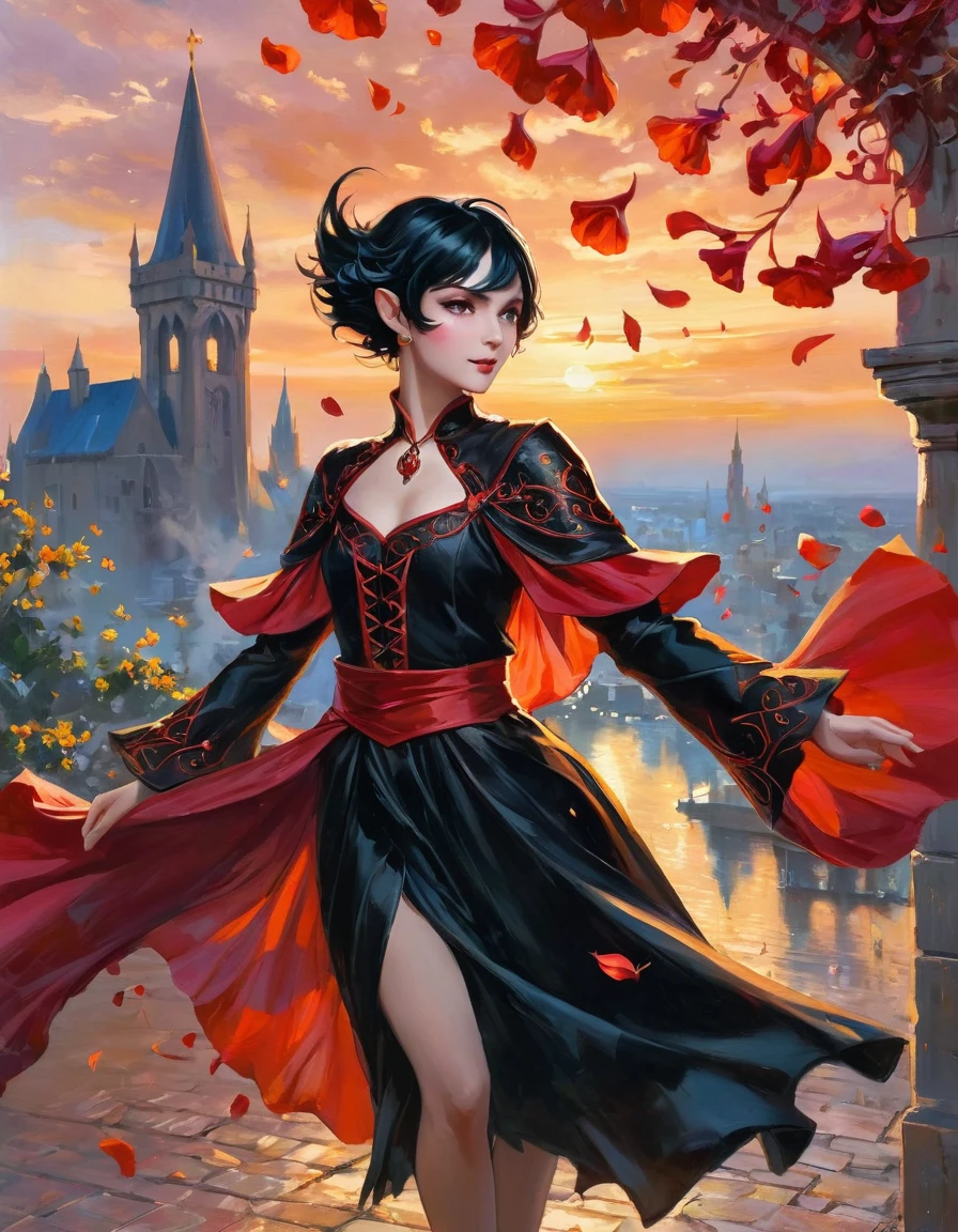 1 magician girl, expressive black eyes, elf ear, black short hair, dressed with a red drape, using his magic ,dancing pose ,black flowers petals fall from the sky in big medieval city in sunset in background, detail richness, masterpiece, best quality