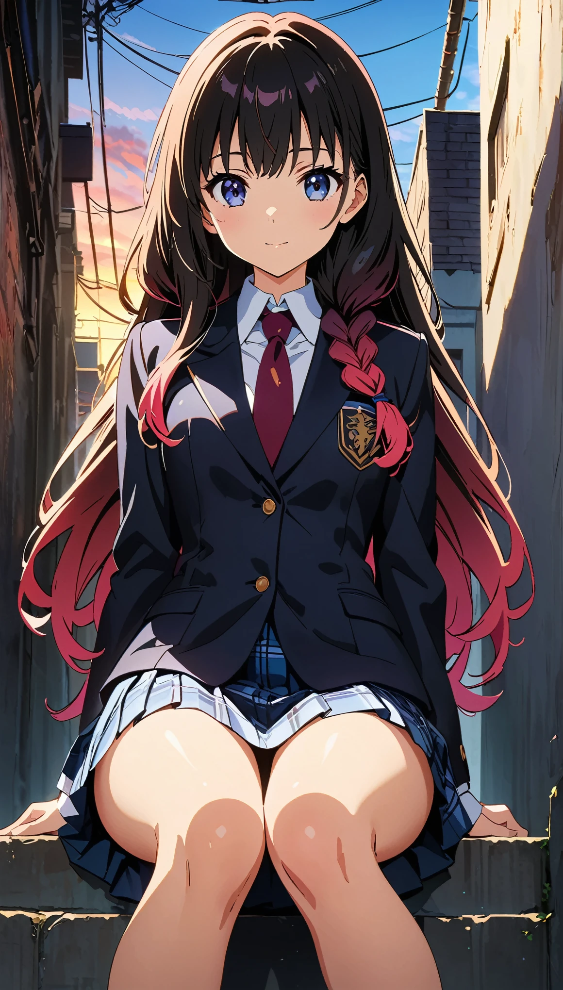 (Highest quality:1.2, Anime artwork, Anime Style, Studio Anime, Very detailed, up to date, Vibrant, Anime Coloring, High Contrast, masterpiece:1.2, Highest quality, Best aesthetics), Blue plaid pleated skirt:1.5, Red tie:1.5, Black blazer, (Private School Uniforms), Beautiful thighs, Black Stockings, Gradient Hair, Long hair braided low, Perfect body line, Skin with attention to detail, cute, Detailed face, Sitting, Open your hands, alley, stage, Accurate Fingers, evening, Illuminated by the setting sun, Soft lighting,  (Perfect hands, Perfect Anatomy),