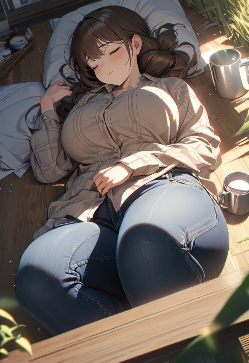 masterpiece, anime, A quiet and beautiful garden overlooking the wheat fields, Daytime, Ray Tracing, detailed reflections, Complex, Attention to detail, dramatic, 最高品質のmasterpiece, detailed, 8k, High resolution, ((chunky female:1.3))、(Flannel shirt and jeans), Drowsy face、Sleeping comfortably on the table、Mug、Brown Hair、Braid、Large Breasts、bloom, The light shines, chromatic aberration, Sharp focus、detailedな人物、detailedな顔、detailedな髪と肌、High resolution、