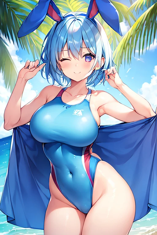 1girl, light blue hair, blue hair, very short hair, one eye closed, purple eyes, large breasts, thick thighs, hourglass figure, cute face, light smile, beach, one-piece swimsuit, ((competition swimsuit)), blue one-piece swimsuit, rabbit ears, animal ear fluff, bunny ears, rabbit tail, bunny tail