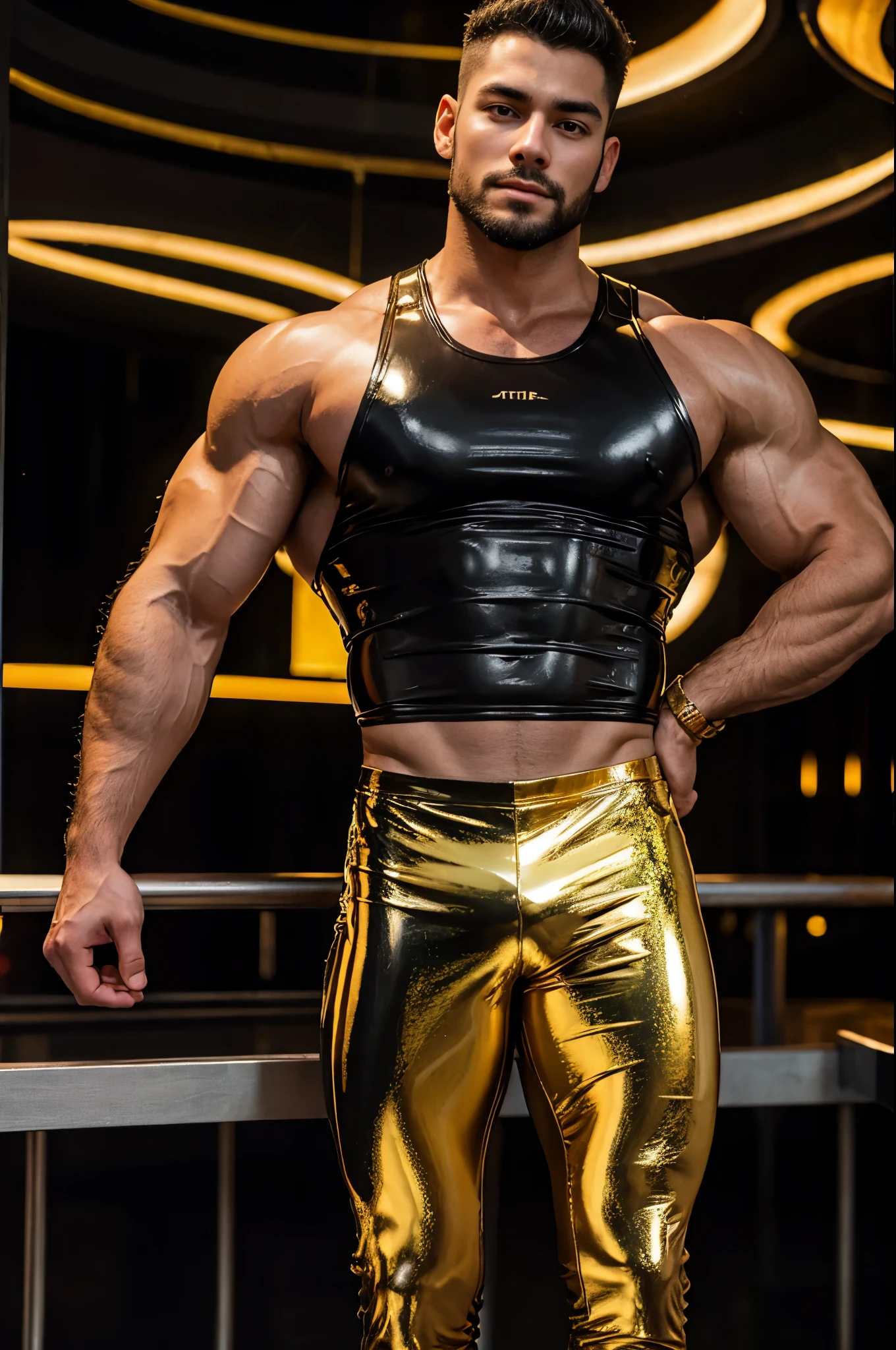 Japan man，man,youth，Best quality, crisp quality, Masterpiece, Highest resolution, Highly detailed,wearing super tight yellow gold shiny latex pant,wearing super tight black leather tank top accentuating his huge chest muscle，Full-body muscular figure，night club，mtu, half body portrait shot,bright lighting reflecting his leather