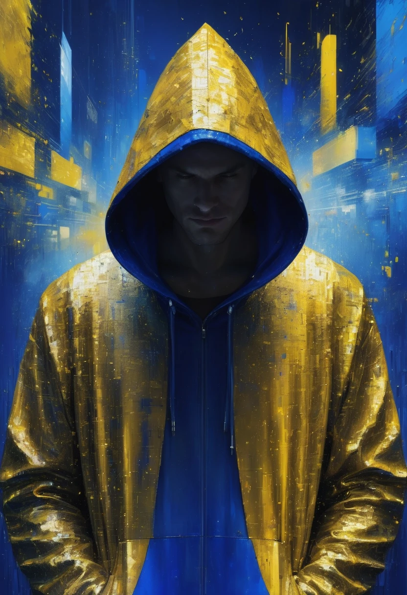 Hacker mysterious man with back and hooded, seen in 3/4, screens with programming code, coding screen, royal blue, golden yellow, blue and yellow painting with high relief texture, 4D, 8k, high tech, futuristic, ornamental photorealism, abstract impressionism, arte por Jeremy Mann