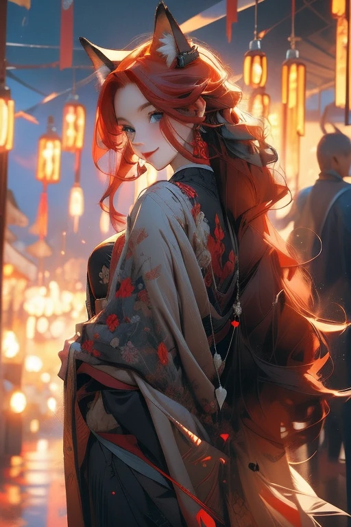 Perfect face. Perfect hands. A red haired woman with one blue eye and one red eye with an hourglass figure and red fox ears and seven fluffy fox tails is exploring a festival while smiling
