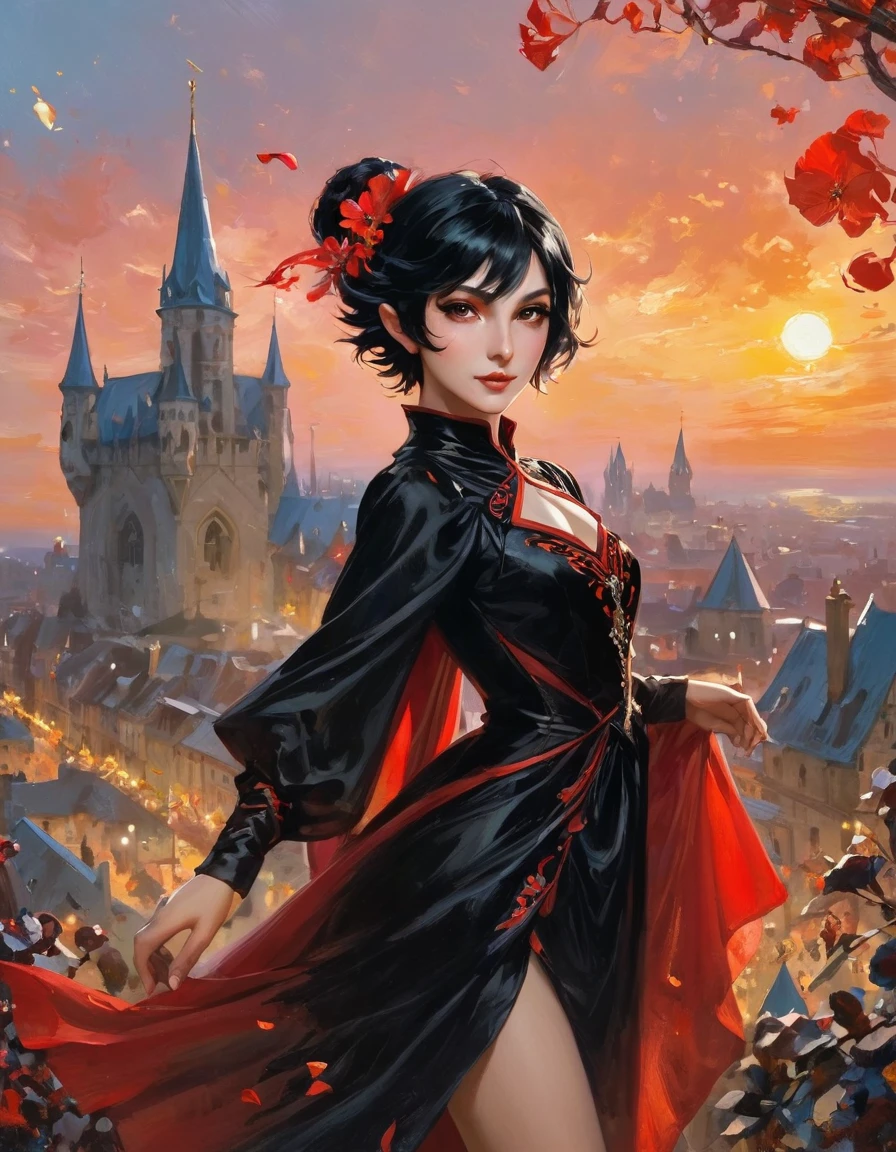 1 magician girl, expressive black eyes, elf ear, black short hair, dressed with a red drape, using his magic ,dancing pose ,black flowers petals fall from the sky in big medieval city in sunset in background, detail richness, masterpiece, best quality