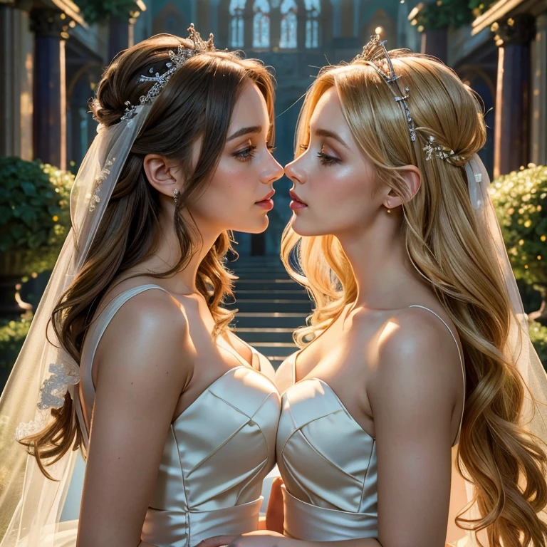 (masterpiece, best quality:1.5), highest quality, High resolution, super detailed, Realists, Upper body photo of the blonde bridesmaids, detailed and beautiful eyes, beautiful detailed lips, very detailed eyes and face, longeyelashes, Woman in bridesmaid dress made of shiny satin fabric, Beautiful and colorful makeup, elegant and noble々Pose,shiny crown and jewels, Gardens as background, soft daylight, bright colors, fine brushstrokes, Portrait style, Noble details in the dress fabric, beautiful color palette, glowing skin, First-class rendering, that captures every detail, enchanting atmosphere, subtle shadows and lights, (perfect anatomy:1.2), (The two stunning bridesmaids are deeply in love:1.4), (kiss:1.2), (magnificent panorama view:1.2)