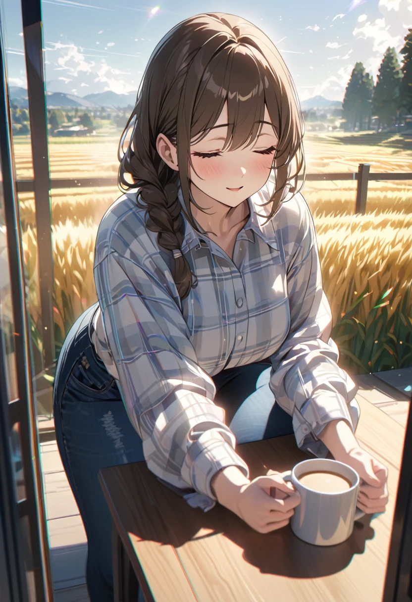 masterpiece, anime, A quiet and beautiful garden overlooking the wheat fields, Daytime, Ray Tracing, detailed reflections, Complex, Attention to detail, dramatic, 最高品質のmasterpiece, detailed, 8k, High resolution, ((chunky female:1.3))、(Flannel shirt and jeans), Drowsy face、Happy sleeping face、Sleeping comfortably on the table、Mug、Brown Hair、Braid、Large Breasts、bloom, The light shines, chromatic aberration, Sharp focus、detailedな人物、detailedな顔、detailedな髪と肌、High resolution、