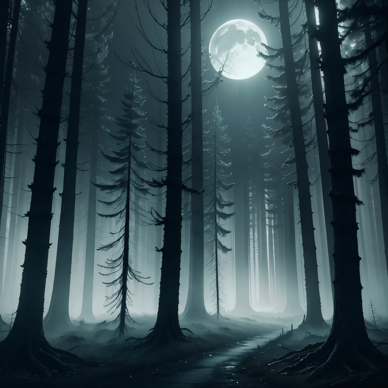 a dark forest at night, bones hanging from tree branches, moonlight, fog, eerie atmosphere, highly detailed, photorealistic, 8k, HDR, cinematic lighting, moody color palette, dramatic shadows, haunting, detailed textures, gloomy, ominous, atmospheric, horror, supernatural, spooky