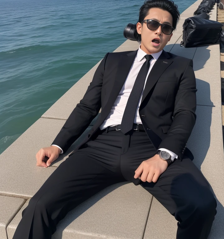 40-year-old man、Black Suit,By the Sea、Lying on your back on a bench、mafia、Under attack、legs wide open、The crotch area of the pants is bulging,かなり短いShort Hair、Short Hair、Stubble,Asian handsome guy。Black socks、Equipped with a gun、Scream、Painful face、Black sunglasses　Seen from below。