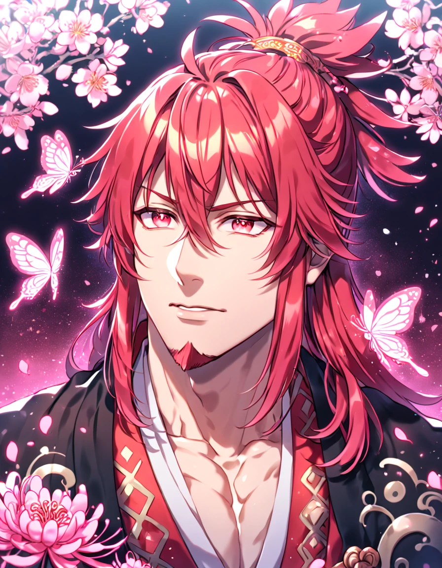 absurd resolution, high resolution, ultra detailed, detailed eyes, extremely detailed, HDR, 8K, Ren Kouen, red hair, hair tied into a topknot, hair between the eyes, medium length hair, red goatee, expressive red eyes, Magi The Labyrinth of Magic, solo, sexy man, handsome, manly man, adult, mature face, traditional clothes that are mainly red, white and black in colour along with a black flowing cape, fantasy, cool, magical, pink glittering butterflies, pink dust flying around, pink spider lilies, pink petals, pink lanterns, Japanese ambiance, cherry blossoms