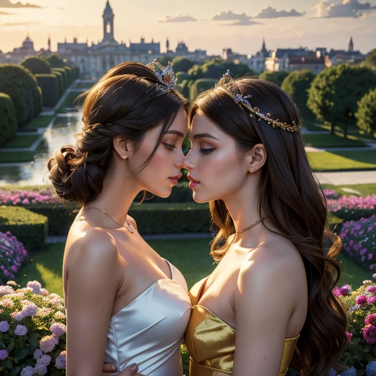 (​masterpiece, best quality:1.5), highest quality, High resolution, super detailed, Realists, Upper body photo of brunette woman, detailed and beautiful eyes, beautiful detailed lips, very detailed eyes and face, longeyelashes, In a strap top made of shiny satin fabric, Beautiful and colorful makeup, elegant and noble々Pose,shiny crown and jewels, Gardens as background, soft daylight, bright colors, fine brushstrokes, Portrait style, Simple details in the dress fabric, beautiful color palette, glowing skin, First-class rendering, that captures every detail, enchanting atmosphere, subtle shadows and lights, (perfect anatomy:1.2), (The two stunning women are deeply in love:1.4), (kiss:1.2), (magnificent panorama view:1.2)