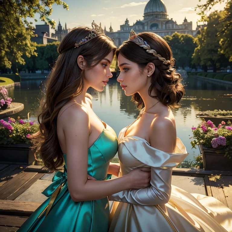 (masterpiece, best quality:1.5), highest quality, High resolution, super detailed, Realists, Upper body photo of brunette woman, detailed and beautiful eyes, beautiful detailed lips, very detailed eyes and face, longeyelashes, Woman in short dress made of shiny satin fabric, Beautiful and colorful makeup, elegant and noble々Pose,shiny crown and jewels, Gardens as background, soft daylight, bright colors, fine brushstrokes, Portrait style, Simple details in the dress fabric, beautiful color palette, glowing skin, First-class rendering, that captures every detail, enchanting atmosphere, subtle shadows and lights, (perfect anatomy:1.2), (The two stunning women are deeply in love:1.4), (kiss:1.2), (magnificent panorama view:1.2)