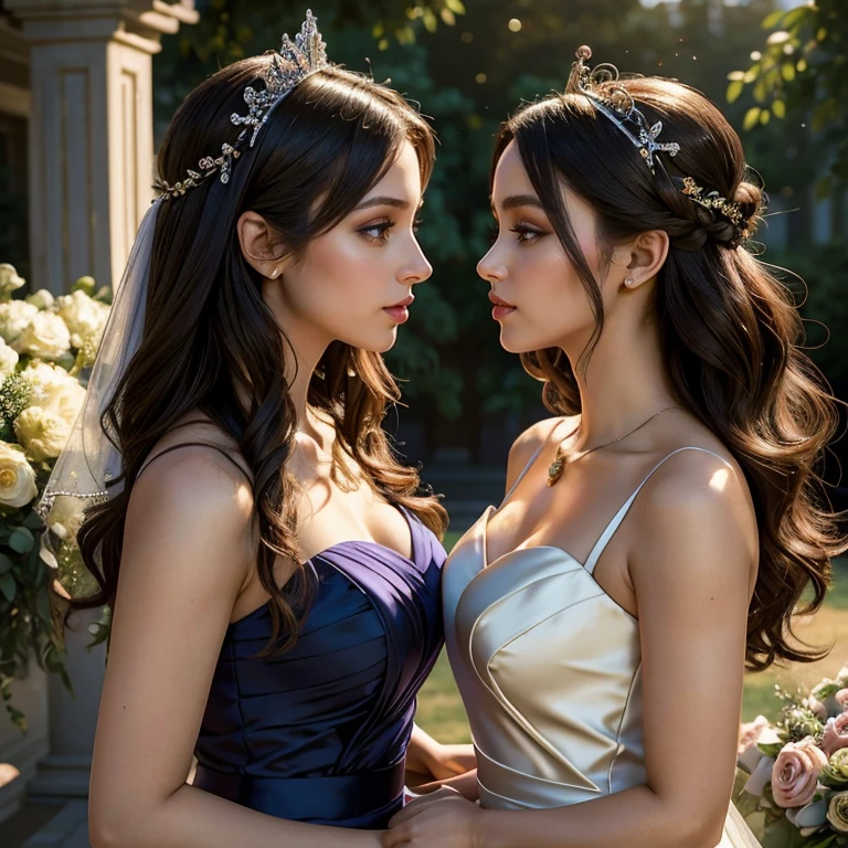 (masterpiece, best quality:1.5), highest quality, High resolution, super detailed, Realists, Upper body photo of the black bridesmaids, detailed and beautiful eyes, beautiful detailed lips, very detailed eyes and face, longeyelashes, Woman in bridesmaid dress made of shiny satin fabric, Beautiful and colorful makeup, elegant and noble々Pose,shiny crown and jewels, Gardens as background, soft daylight, bright colors, fine brushstrokes, Portrait style, Noble details in the dress fabric, beautiful color palette, glowing skin, First-class rendering, that captures every detail, enchanting atmosphere, subtle shadows and lights, (perfect anatomy:1.2), (The two stunning bridesmaids are deeply in love:1.4), (kiss:1.2), (magnificent panorama view:1.2)