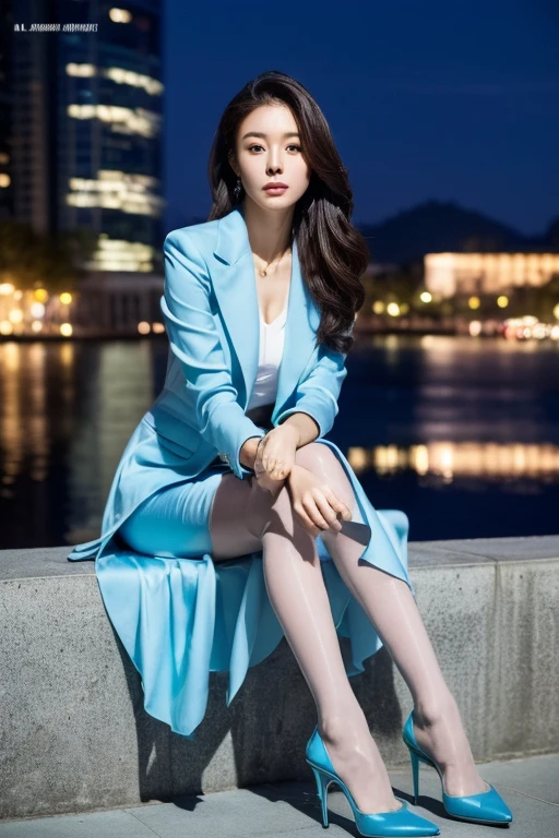 ((Highest quality、Ultra-high resolution、masterpiece))、(Full Body Portrait)、Light Blue Blazer、(blouse:1.1)、(light blue long skirt:1.3)、(silk pantyhose)、(Sitting down, her high heels and legs look beautiful.)、1 girl、(Perfect Anatomy, Perfect body, Perfect hands, Perfect Face, Perfect Eyes, Accurate, Anatomically correct), Perfectly clear and sharp focus, ((Highest quality、Ultra-high resolution, masterpiece, Ultra-realistic))、Modern architecture at night on the background、Professional Lighting