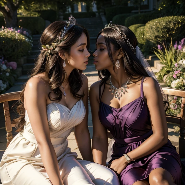 (​masterpiece, best quality:1.5), highest quality, High resolution, super detailed, Realists, Full body photo of woman, dark skin detailed and beautiful eyes, beautiful detailed lips, very detailed eyes and face, longeyelashes, Woman in red and blue summer dress, Falltrock. Beautiful and colorful makeup, elegant and noble々The Juwelen bag, Gardens as background, soft daylight, bright colors, fine brushstrokes, Portrait style, Silk dress fabric, beautiful color palette, glowing skin, First-class rendering, that captures every detail, enchanting atmosphere, subtle shadows and lights, (perfect anatomy:1.2), (Two stunning women are deeply in love:1.4), (kiss:1.2), (magnificent panorama view:1.2)
