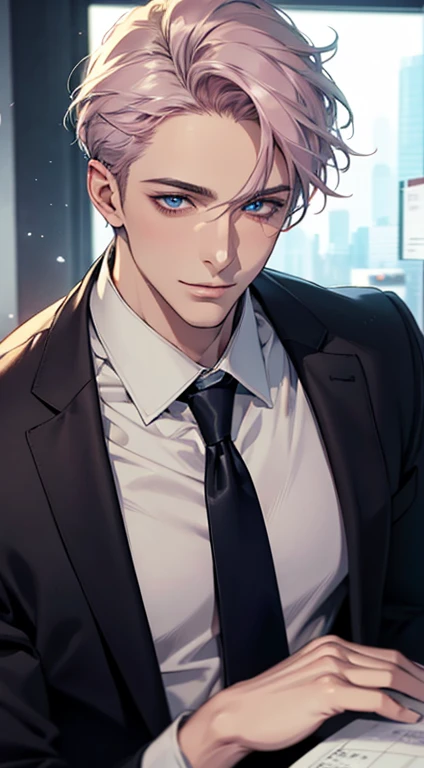 (Highest quality,4K,8K,High resolution,masterpiece:1.2),Super detailed,(Realistic,photoRealistic,photo-Realistic:1.37),1 person,31 years old,Mature Men,Beautiful skin、Profile、very handsome,Expressionless,smile,Short gray pink hair,blue eyes,Sharp Eyes,A perfect face without a doubt,Businessman,Office Background,Cinema Lighting,HDR image,tie、