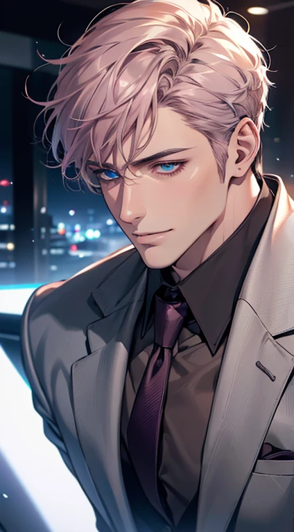 (Highest quality,4K,8K,High resolution,masterpiece:1.2),Super detailed,(Realistic,photoRealistic,photo-Realistic:1.37),1 person,31 years old,Mature Men,Beautiful skin、Profile、very handsome,Expressionless,smile,Short gray pink hair,blue eyes,Sharp Eyes,A perfect face without a doubt,Businessman,Office Background,Cinema Lighting,HDR image,tie、